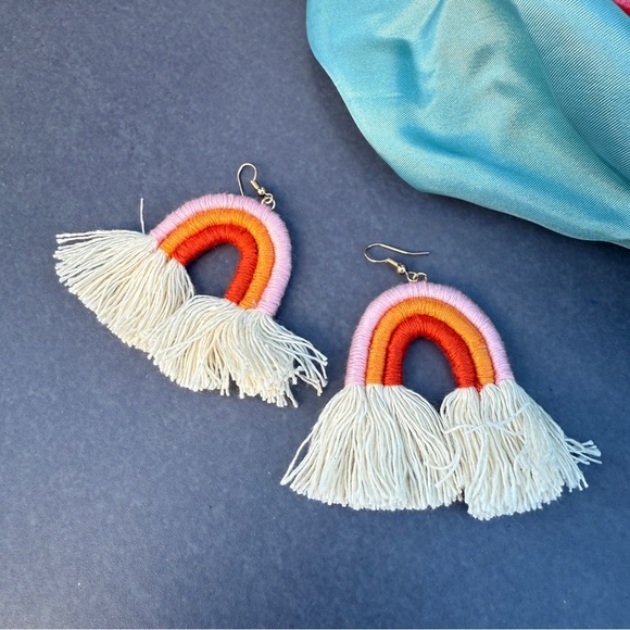 Colorful Macrame Handmade Rainbow Fringe Earrings - Picture 1 of 11